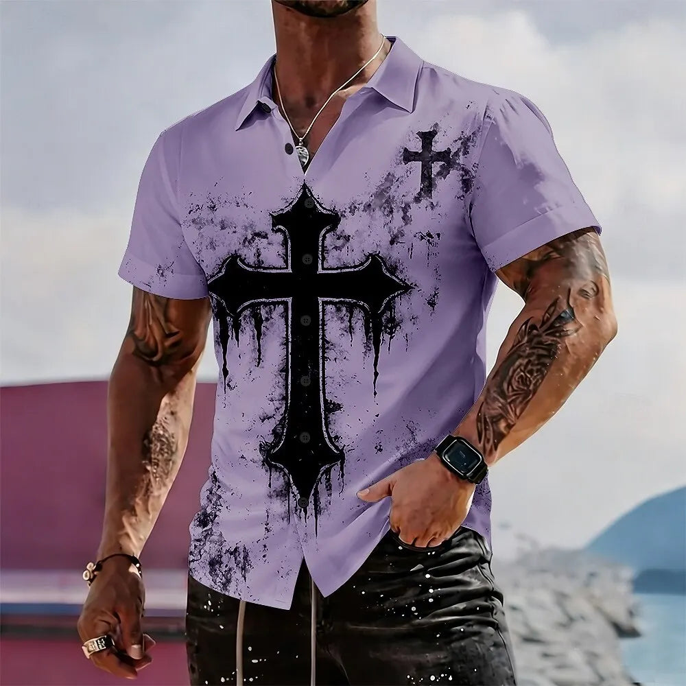 Christian Cross Shirt – Men's Faith Button Up Short Sleeve Casual Shirt